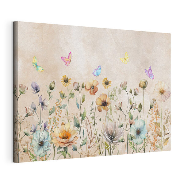 Farfalle colorate danzano sopra i fiori selvatici Stampa su tela Farfalle colorate danzano sopra i fiori selvatici