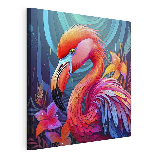 Stampa su tela Fenicottero colorato con fiori tropicali