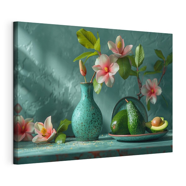 Stampa su tela Avocado e fiori su un espositore color verde acqua