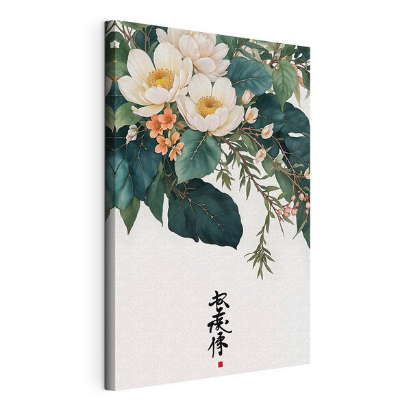 Stampa su tela Fiori eleganti e foglie verdi rigogliose