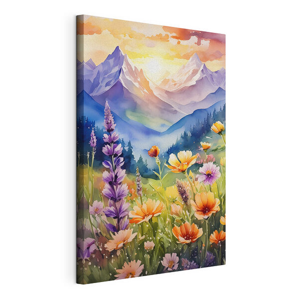 Stampa su tela Fiori dai colori vivaci ai piedi di montagne maestose