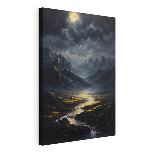 Stampa su tela Montagne illuminate dalla luna e un fiume sinuoso