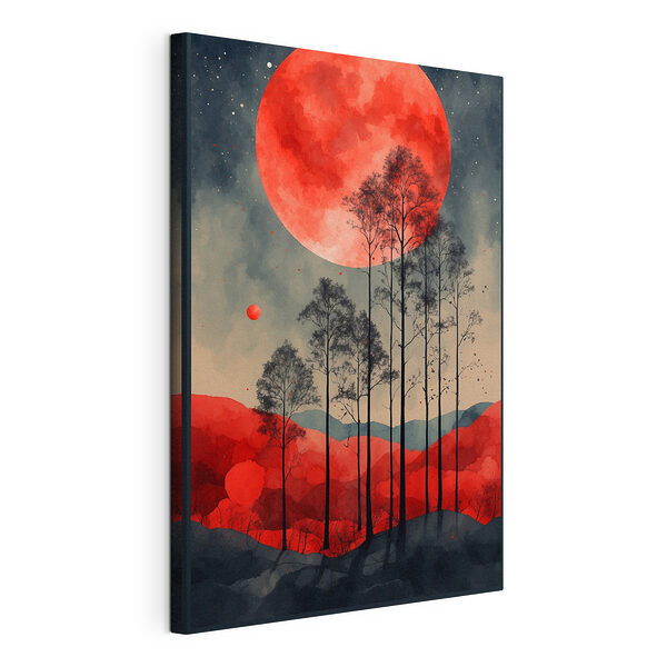 Stampa su tela Dipinto raffigurante alberi e una luna rossa