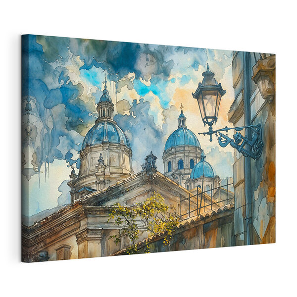Stampa su tela Acquerello raffigurante un edificio con cupole blu (COD: s38961) Stampa su tela Stampa su tela Acquerello raffigurante un edificio con cupole blu (COD: s38961)