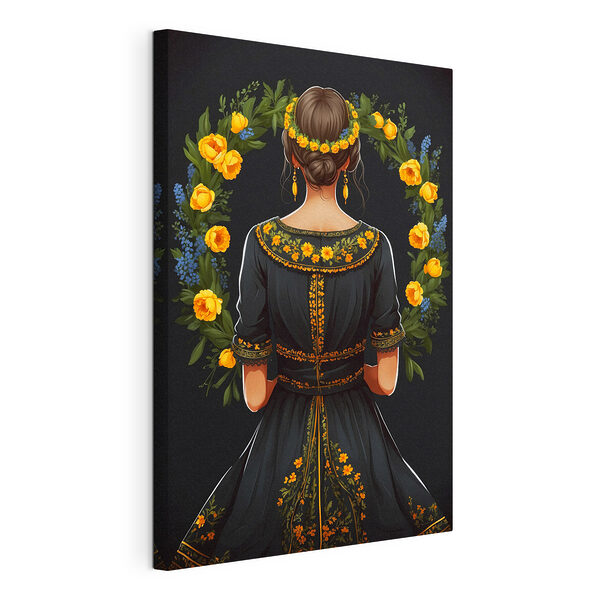 Vista posteriore di una donna che indossa un abito nero con fiori gialli Stampa su tela Vista posteriore di una donna che indossa un abito nero con fiori gialli