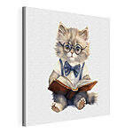 Stampa su tela Gatto con occhiali e papillon che legge un libro