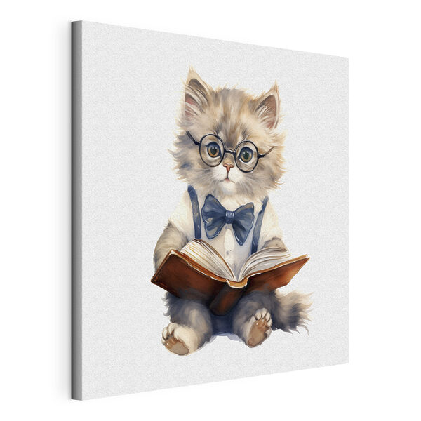 Gatto con occhiali e papillon che legge un libro Stampa su tela Gatto con occhiali e papillon che legge un libro