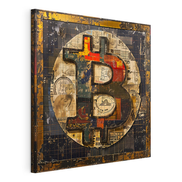 Collage del simbolo del Bitcoin con texture Stampa su tela Collage del simbolo del Bitcoin con texture