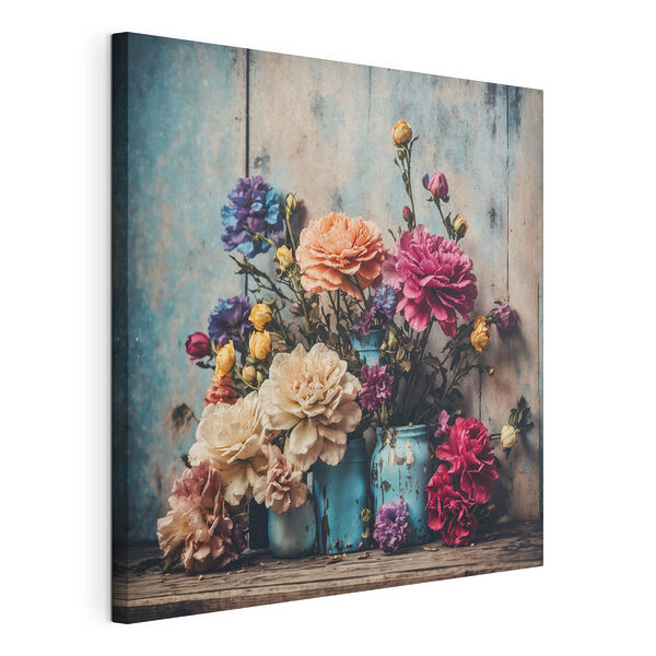 Stampa su tela Composizione di fiori colorati in vasi blu