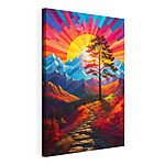 Stampa su tela Dipinto raffigurante un paesaggio montano con un albero e un tramonto dai colori vivaci