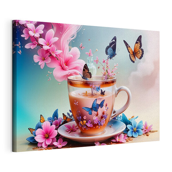 Tazza di tè con fiori e farfalle Stampa su tela Tazza di tè con fiori e farfalle