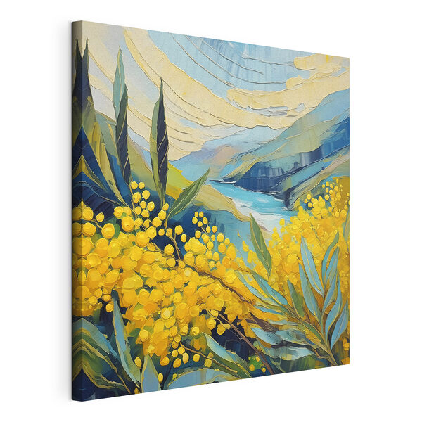 Dipinto raffigurante fiori gialli e montagne blu Stampa su tela Dipinto raffigurante fiori gialli e montagne blu