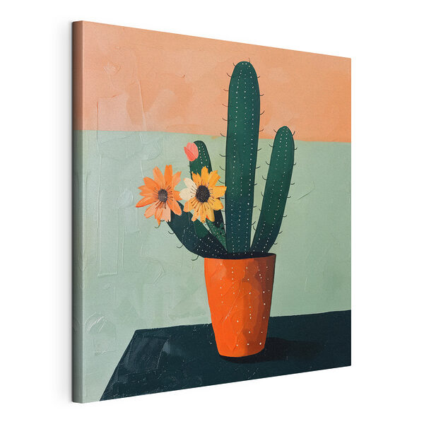 Stampa su tela Dipinto raffigurante un cactus in fiore in un vaso