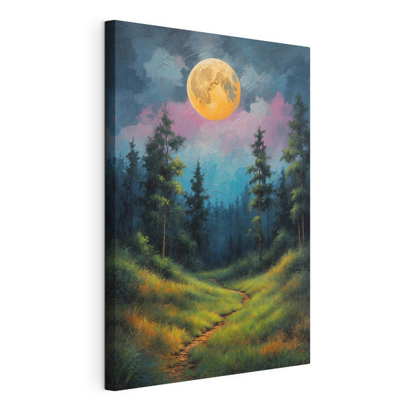 Stampa su tela Dipinto raffigurante un sentiero che attraversa un bosco con alberi e la luna piena (COD: s39593) Stampa su tela Stampa su tela Dipinto raffigurante un sentiero che attraversa un bosco con alberi e la luna piena (COD: s39593)