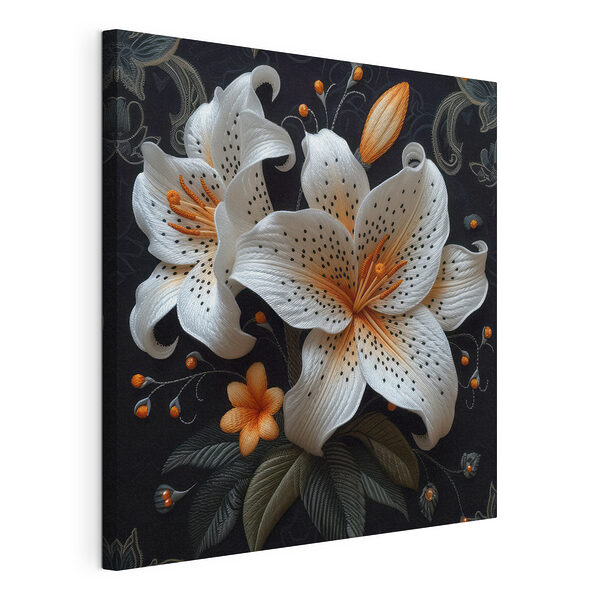 Stampa su tela Fiori bianchi e arancioni su sfondo nero (COD: s39655) Stampa su tela Stampa su tela Fiori bianchi e arancioni su sfondo nero (COD: s39655)