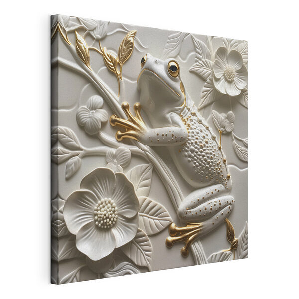 Stampa su tela Elegante rana in una composizione floreale in ceramica artistica
