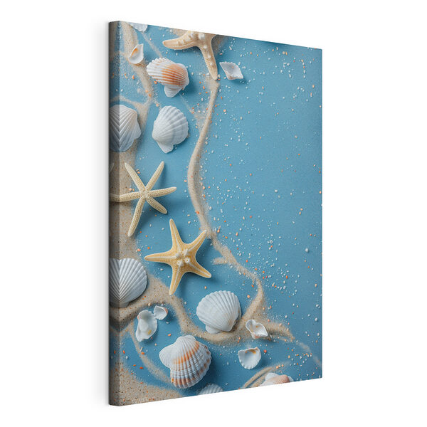 Gruppo di conchiglie e stelle marine su una superficie blu Stampa su tela Gruppo di conchiglie e stelle marine su una superficie blu
