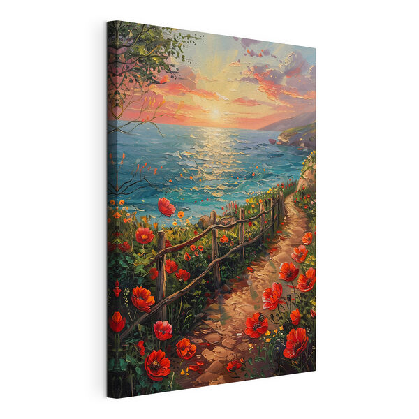 Dipinto raffigurante un sentiero in riva all'acqua con dei fiori Stampa su tela Dipinto raffigurante un sentiero in riva all'acqua con dei fiori