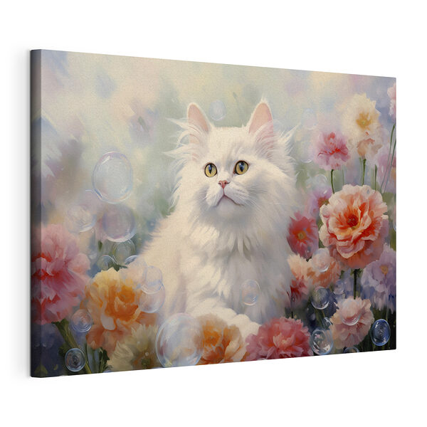 Gatto bianco circondato da fiori e bolle Stampa su tela Gatto bianco circondato da fiori e bolle