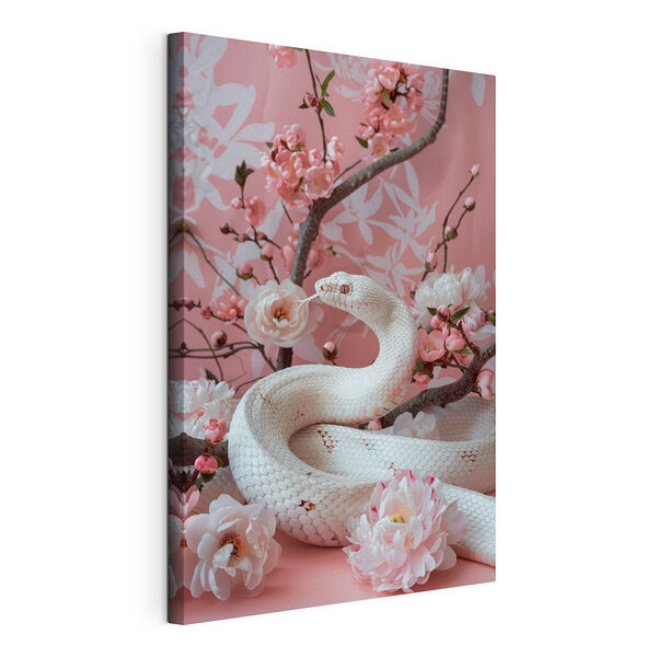 Stampa su tela Serpente bianco con fiori rosa