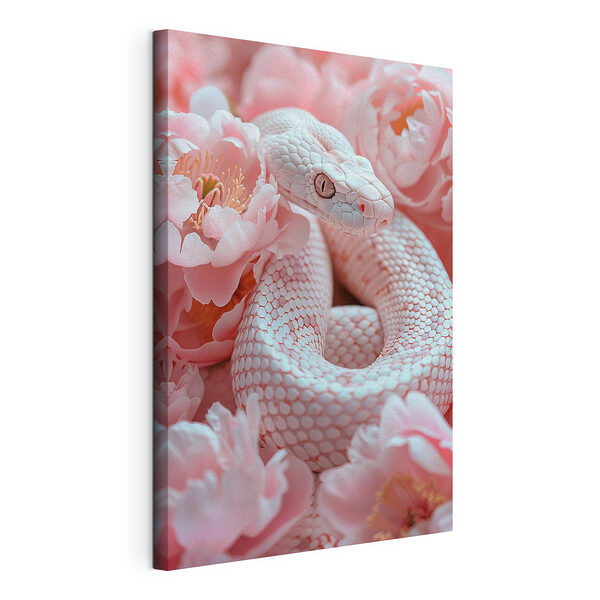Serpente bianco tra fiori rosa Stampa su tela Serpente bianco tra fiori rosa