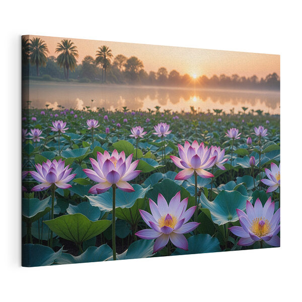 Stampa su tela Campo di fiori viola con un lago sullo sfondo