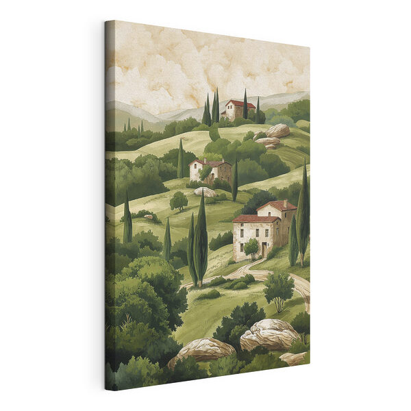 Stampa su tela Dipinto raffigurante un paesaggio con case e alberi