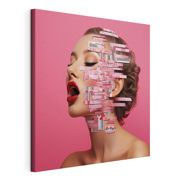 Donna con rossetto rosso e labbra rosse, con strisce di carta sul viso Stampa su tela Donna con rossetto rosso e labbra rosse, con strisce di carta sul viso