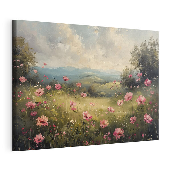 Stampa su tela Dipinto raffigurante un campo di fiori rosa