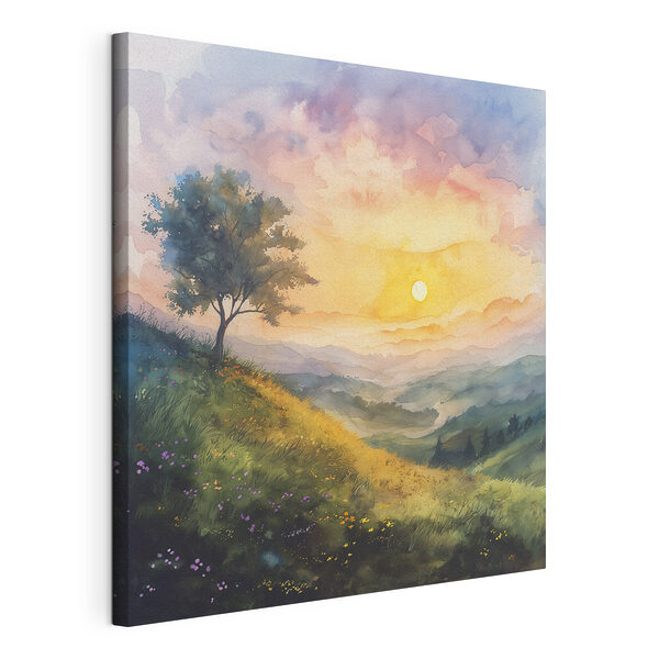 Stampa su tela Dipinto raffigurante un paesaggio con un albero e dei fiori