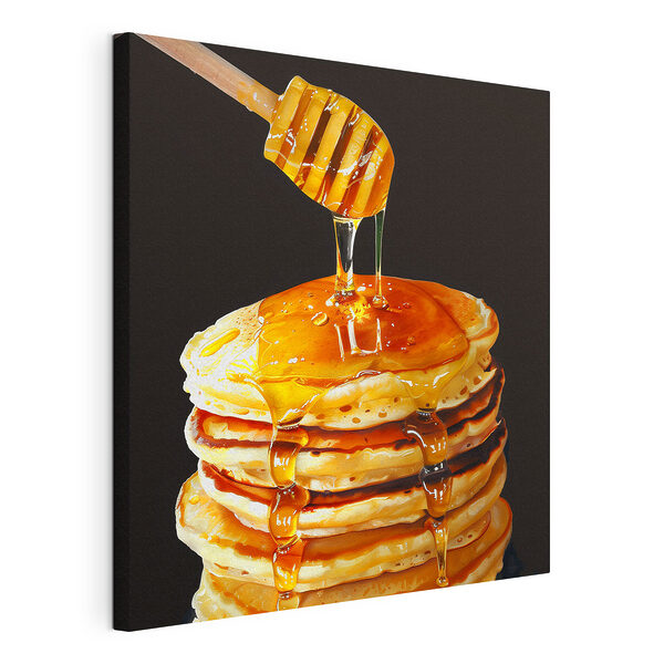 Pila di pancake con il miele che cola da un bastoncino di legno Stampa su tela Pila di pancake con il miele che cola da un bastoncino di legno