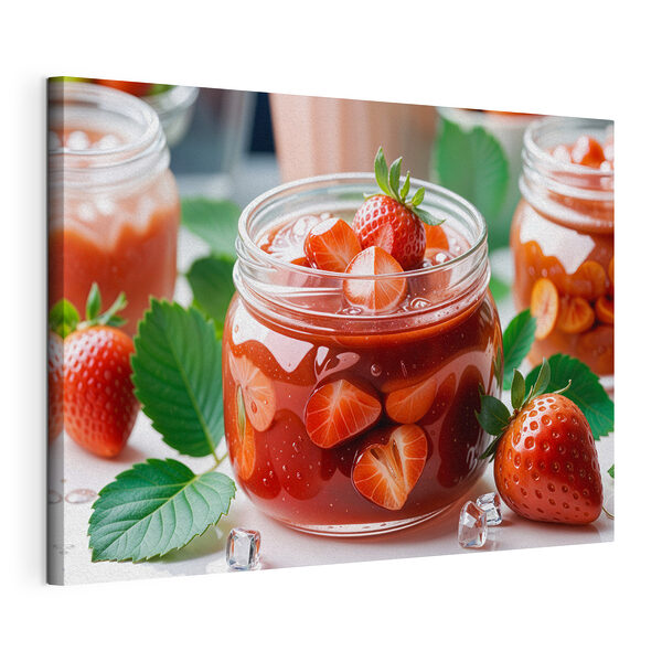 Barattolo contenente un liquido rosso con fragole e foglie Stampa su tela Barattolo contenente un liquido rosso con fragole e foglie