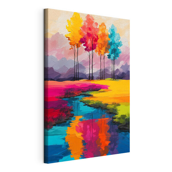 Stampa su tela Dipinto raffigurante un fiume che scorre attraverso un campo di alberi dai colori vivaci