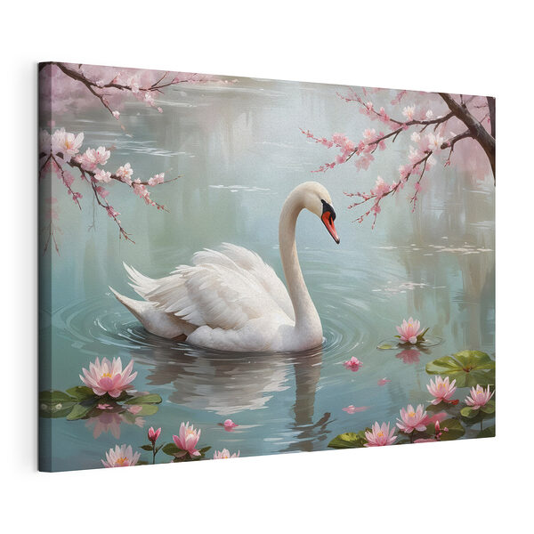 Stampa su tela Cigno bianco nell'acqua con fiori rosa