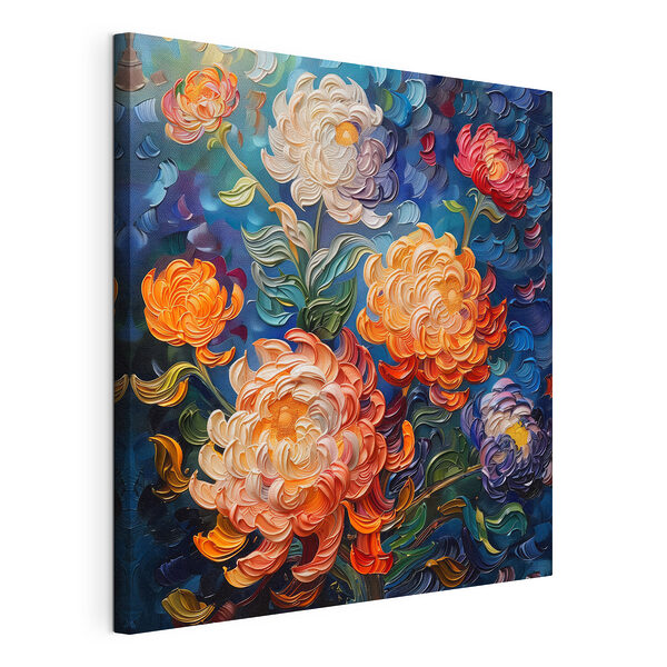 Stampa su tela Dipinto raffigurante dei fiori su sfondo blu