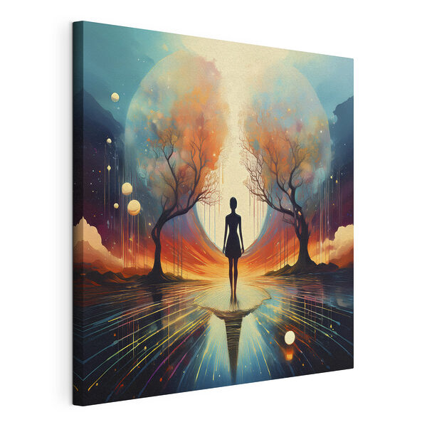 Donna in piedi su una superficie riflettente, con alberi e una grande luna Stampa su tela Donna in piedi su una superficie riflettente, con alberi e una grande luna