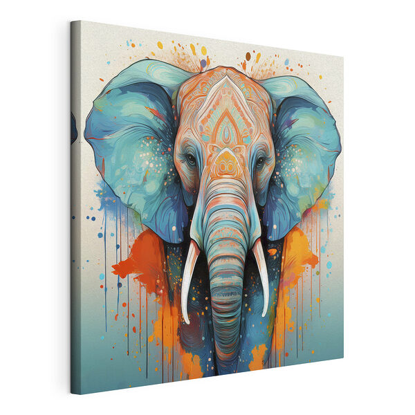 Stampa su tela Un elefante con schizzi di vernice colorata