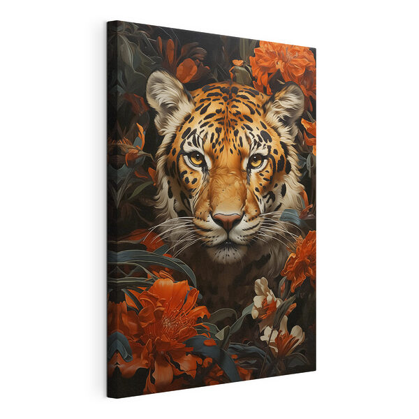 Una tigre tra i rigogliosi fiori d'arancio Stampa su tela Una tigre tra i rigogliosi fiori d'arancio