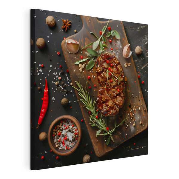 Un pezzo di carne con spezie ed erbe aromatiche su un tagliere Stampa su tela Un pezzo di carne con spezie ed erbe aromatiche su un tagliere