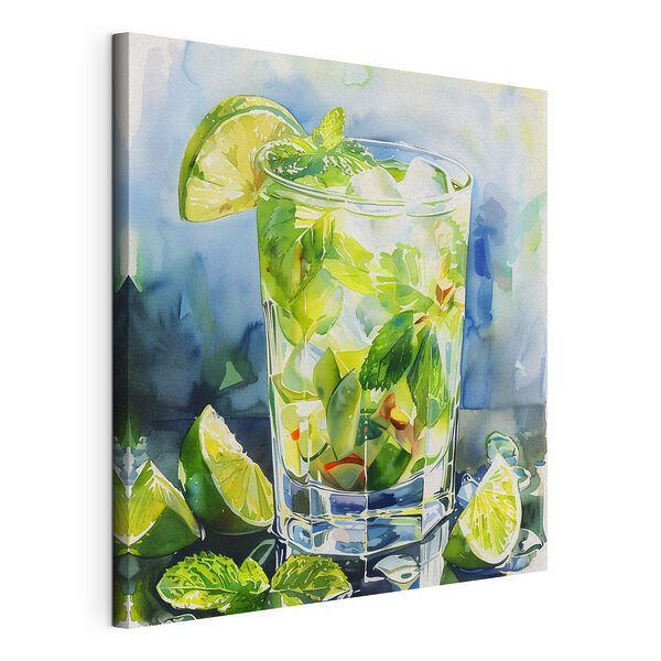 Un bicchiere d'acqua con lime e foglie di menta Stampa su tela Un bicchiere d'acqua con lime e foglie di menta
