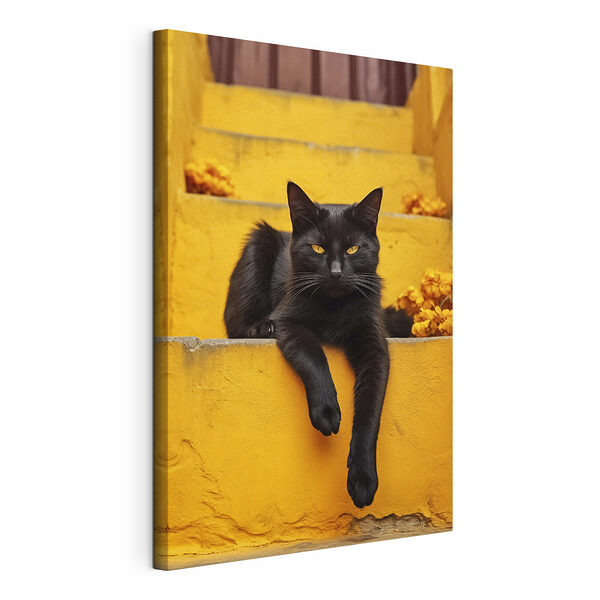 Gatto nero sdraiato su una rampa di scale Stampa su tela Gatto nero sdraiato su una rampa di scale