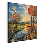 Stampa su tela Puzzle raffigurante un fiume con alberi e una luna