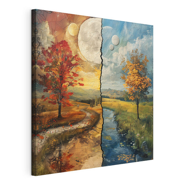 Stampa su tela Puzzle raffigurante un paesaggio con alberi e un fiume