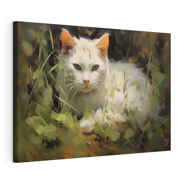 Gatto bianco sdraiato sull'erba Stampa su tela Gatto bianco sdraiato sull'erba