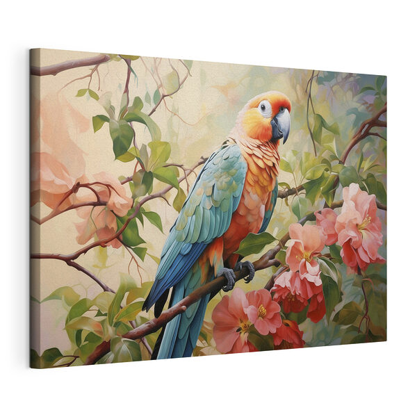 Uccellino colorato appollaiato su un ramo fiorito Stampa su tela Uccellino colorato appollaiato su un ramo fiorito