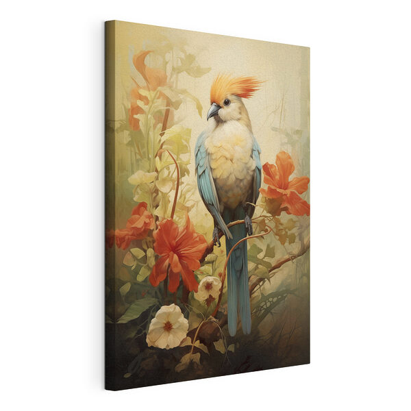 Uccello appollaiato su un ramo con dei fiori Stampa su tela Uccello appollaiato su un ramo con dei fiori