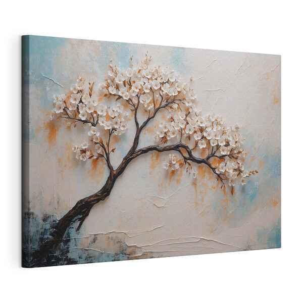 Stampa su tela Dipinto raffigurante un albero con fiori bianchi