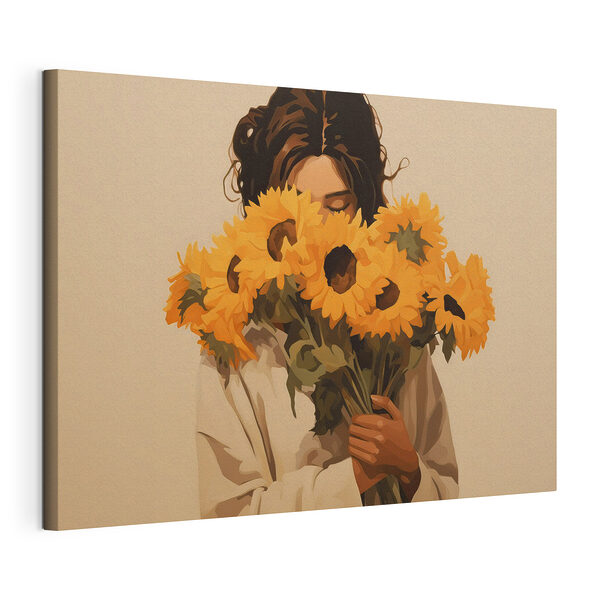 Stampa su tela Donna con in mano un mazzo di girasoli