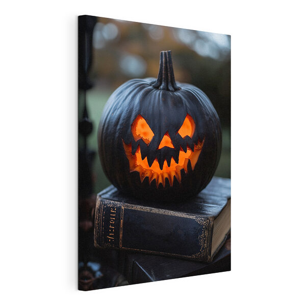 Stampa su tela Zucca intagliata appoggiata su un libro