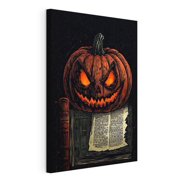 Stampa su tela Zucca con una faccina sopra un libro